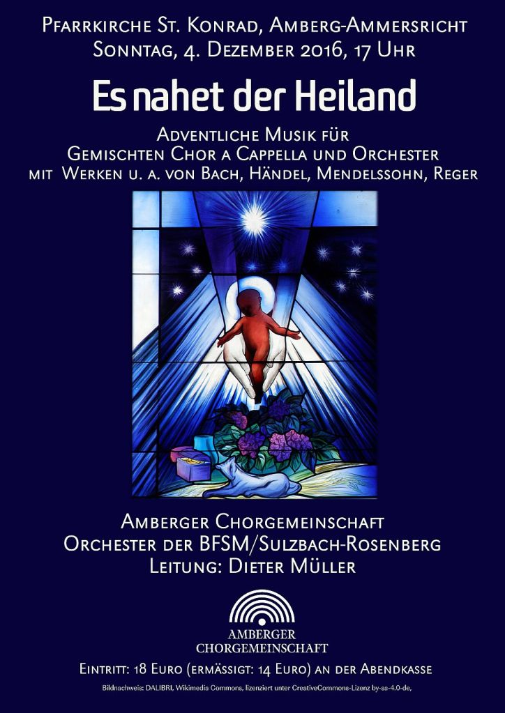 Konzertplakat: Weiße Schrift auf tiefblauem Grund - im Zentrum ein Hinterglasbild aus der Pfarrkirche St. Konrad, Ammersricht (Kind in der Krippe, schwebend über einen Lamm und Blumen)