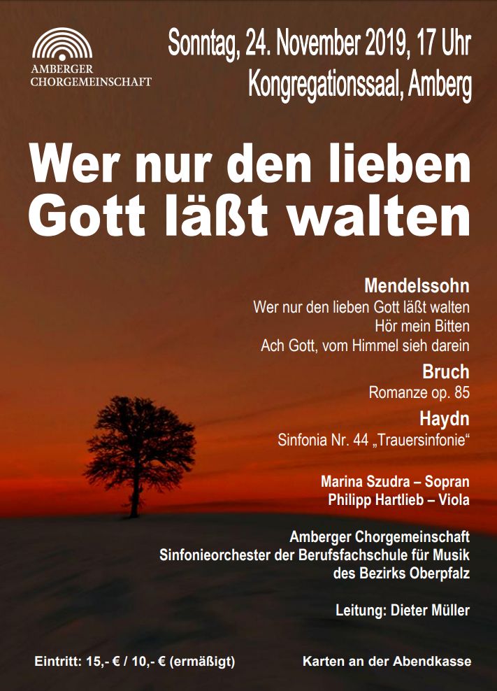 Konzertplakat: Weiße Schrift auf dunkel-orangefarbenem, unten schwarzem Hintergrund, der einen tieforange gefärbten Himmel und die Silhouette eines Baumes zeigt.