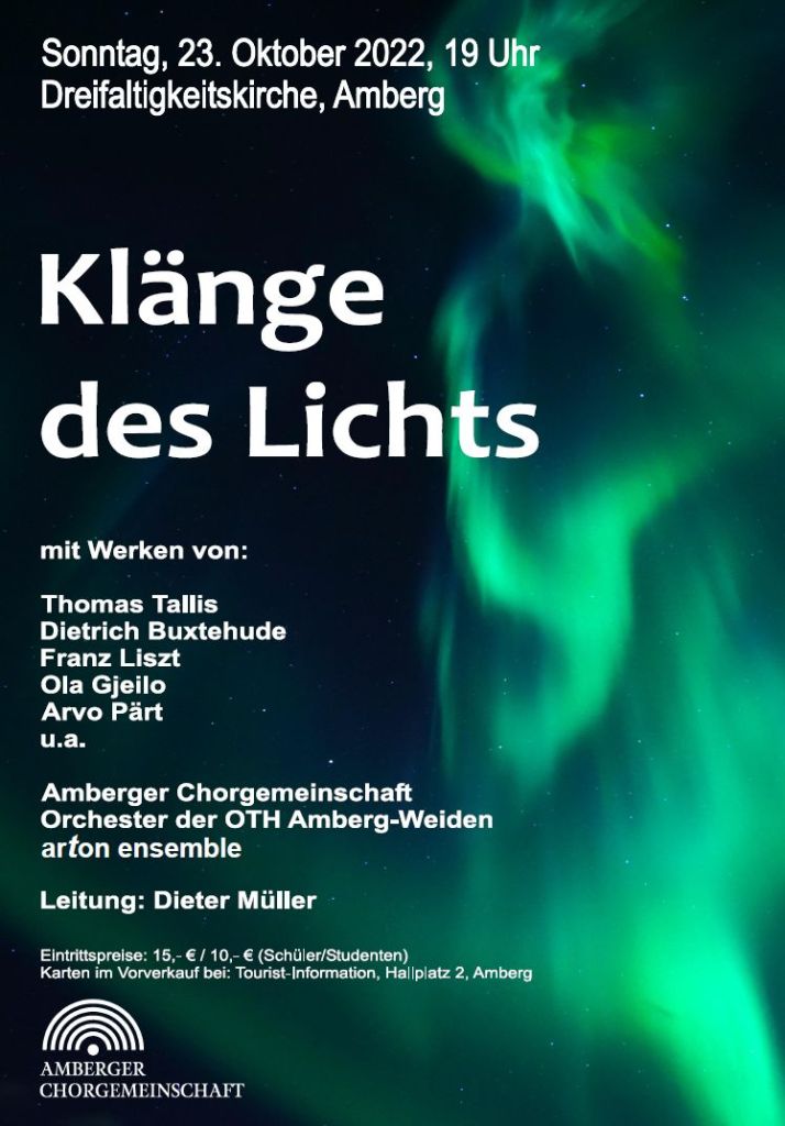 Konzertplakat; Hintergrund: In Grüntönen auf schwarzem Himmel wehende, tanzende Nordlichter