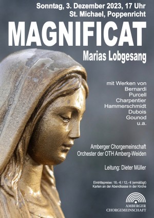 linke Hälfte des Konzertplakats wird von einer Marienstatue eingenommen (Kopf und Schulter in Seitenansicht)