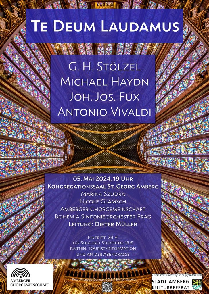 Konzertplakat - im Hintergrund: Deckengewölbe und seitliche Buntglasfenster der Sainte-Chapelle, Paris