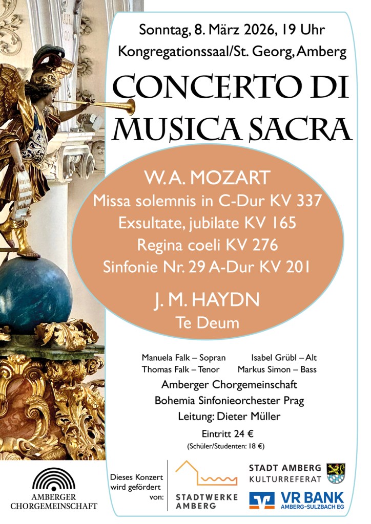 Konzertplakat "Concerto di musica sacra", Bildelement links: Foto des Posaunenengels auf dem Kanzeldeckel in St. Georg, Amberg